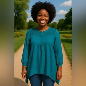 Umgee Teal Sharkbite Hemline Long Sleeve Tunic Mini Dress | Classic EUC M #1024
